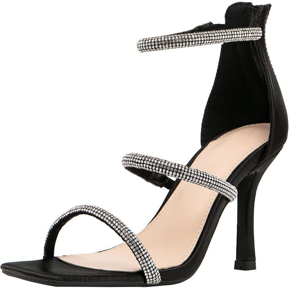 Shoes - Women's Rhinestones Black Strappy Back Zip Casual High Heels Sandals Shoes